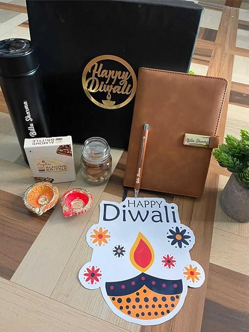 Diwali Gift Hamper - Personalized Dairy Pen, Insulated Bottle, Deepak Design, Chocolate, Golden Acrylic Laser-Cut 'Happy Diwali' Sticker, Cashew Almond Christmas Mix in Glass Bottle – Perfect Festive Gift Box (Brown)