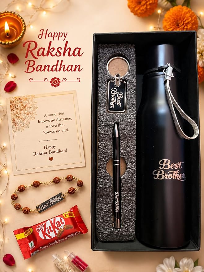 Customised Raksha Bandhan Gift Hamper for Brother – Name Rakhi, Custom Water Bottle, Pen & Keychain | Greeting Card, Chocolate, Roli Chawal Included