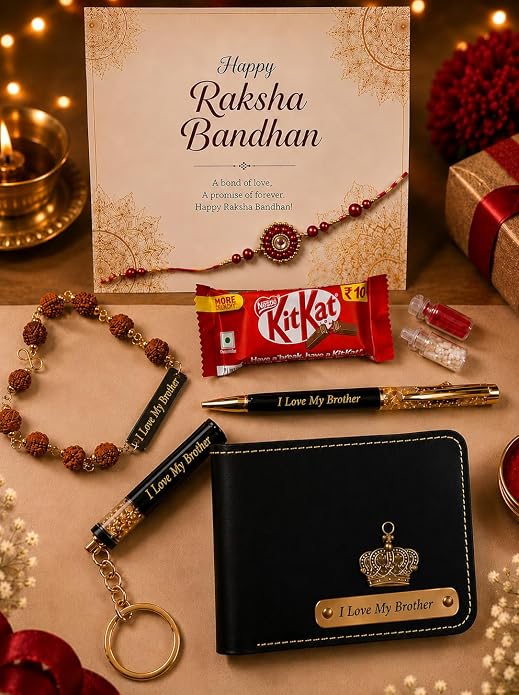 Raksha Bandhan Customizable Gift Hamper for Brother | Best Brother Wallet, Keychain, Pen, Designer Rakhi, Rudraksha Bracelet, Roli Chawal Combo | Rakhi Gift Set for Bhai