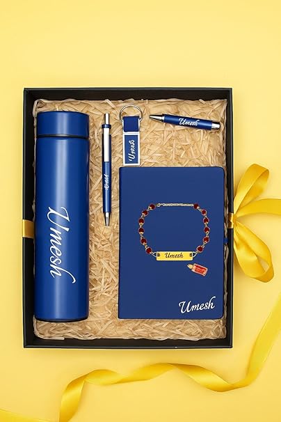 Your Name Customized Personalized 5 in 1 Engraved Steel Bottle with Rakhi, Notebook, Pen and Metal Keychain for Office - School, Gifts