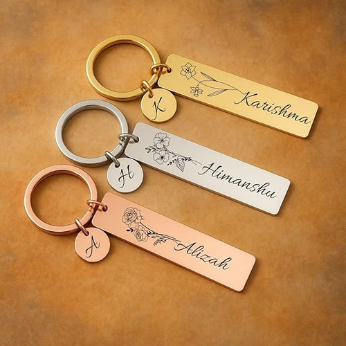 Customized Name Keychain for Men & Women | Personalized Stainless Steel Keyring with Initial Charm | Engraved Name Tag Keychain Gift for Birthday, Anniversary & Special Occasions