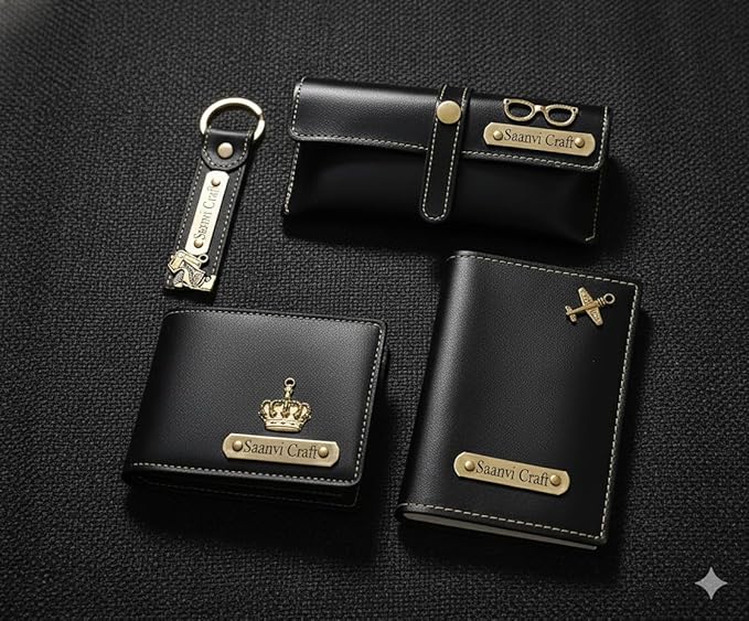 Your Name Customized Leather Unisex Passport Holder, Sunglasses Cover and Men's Wallet with Key Chain, Gifts, Personalized Gifts (Black)