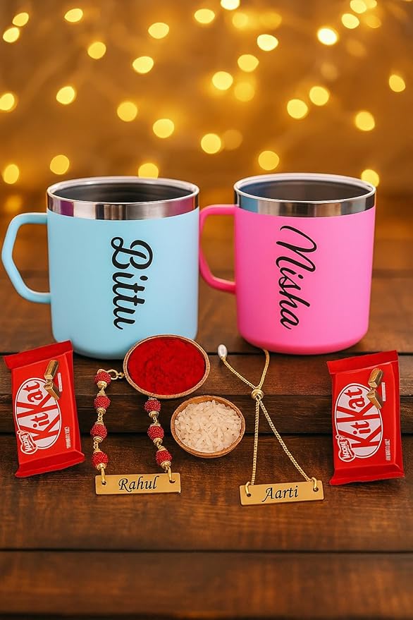 Personalized Gift Combo Custom Name Black Steel Mug & Rudraksha Rakhi with Name