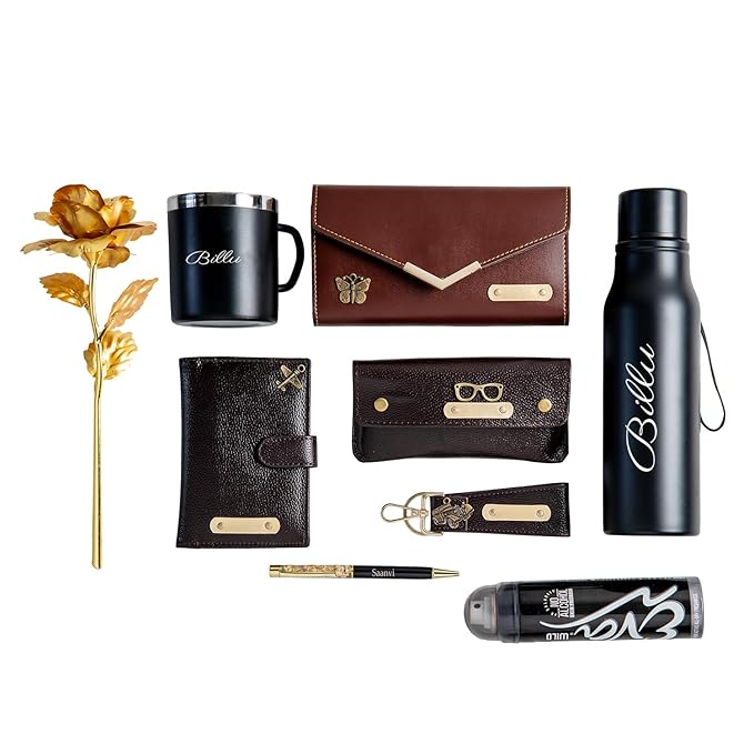 Your Name Customized Mens Gift Hamper Set with Water Bottle, Coffee Mug, Pen, Wallet, Keychain, Golden Rose, Men Deodorant with Belt and Mens Handkerchief (5 in)