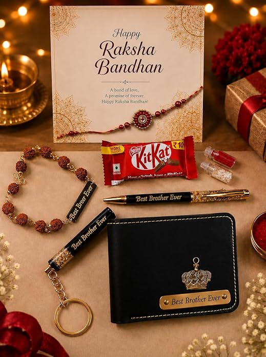 Raksha Bandhan Customizable Gift Hamper for Brother | Best Brother Wallet, Keychain, Pen, Designer Rakhi, Rudraksha Bracelet, Roli Chawal Combo | Rakhi Gift Set for Bhai