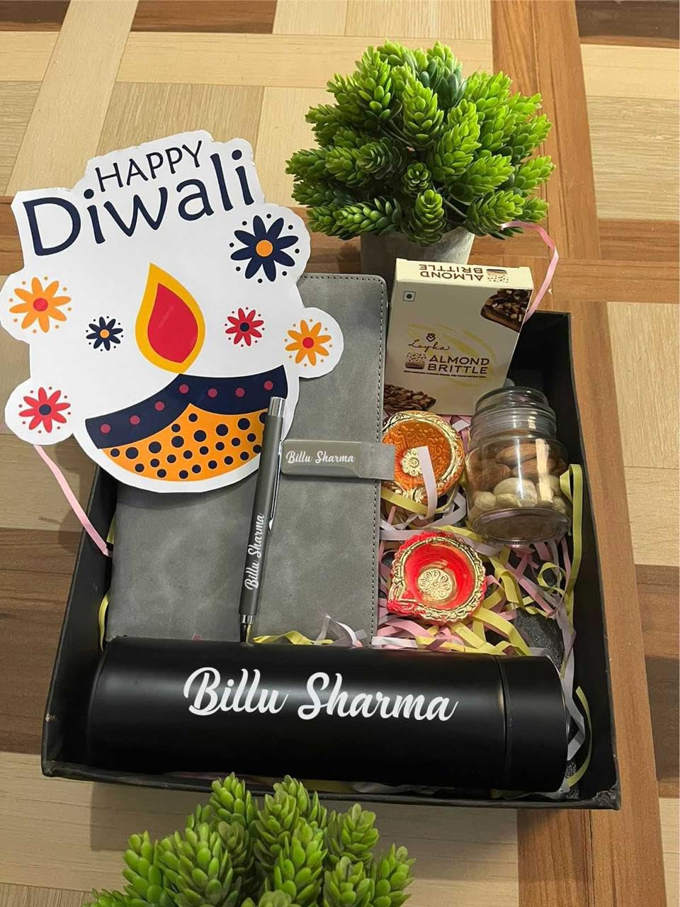 Diwali Gift Hamper - Personalized Dairy Pen, Insulated Bottle, Deepak Design, Chocolate, Golden Acrylic Laser-Cut 'Happy Diwali' Sticker, Cashew Almond Christmas Mix in Glass Bottle – Perfect Festive Gift Box (Grey)