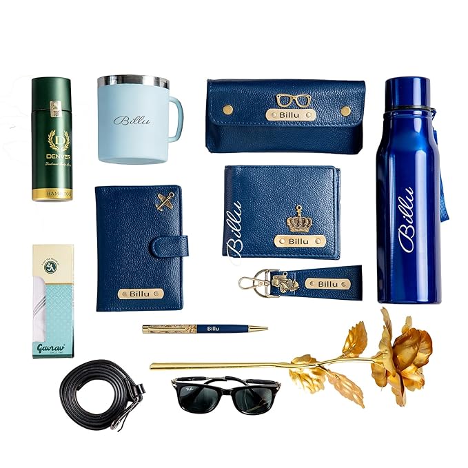 Your Name Customized Mens Gift Hamper Set with Water Bottle, Coffee Mug, Pen, Wallet, Keychain, Golden Rose, Men Deodorant with Belt and Mens Handkerchief (All Set)