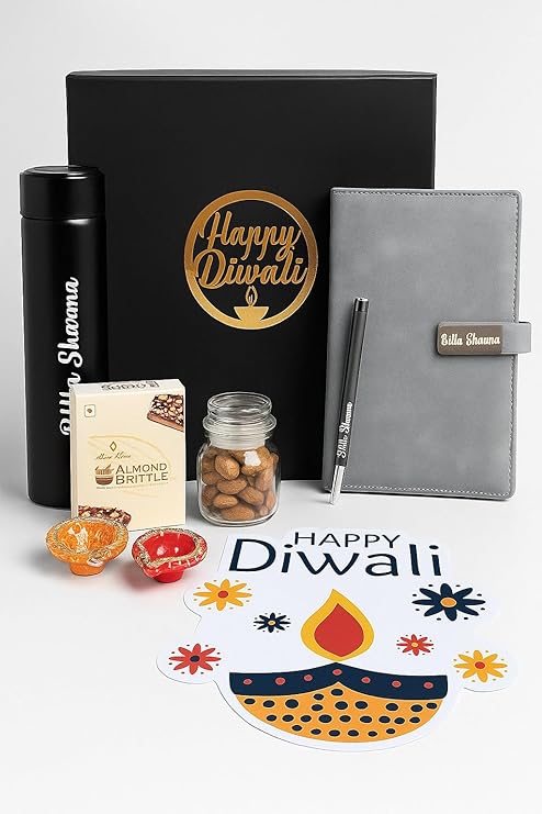Diwali Gift Hamper - Personalized Dairy Pen, Insulated Bottle, Deepak Design, Chocolate, Golden Acrylic Laser-Cut 'Happy Diwali' Sticker, Cashew Almond Christmas Mix in Glass Bottle – Perfect Festive Gift Box (Grey)