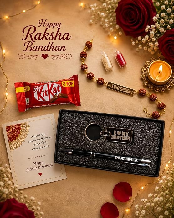 Raksha Bandhan Gift Combo for Brother – Rudraksha Rakhi with Keychain & Pen | Greeting Card, Roli Chawal Included | Rakhi Gift Hamper for Bhai