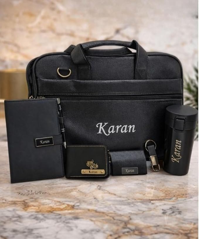 Customized Gift Set for Men with Name Engraved | Laptop Bag Combo with Diary, Pen, Wallet, Card Holder, Keychain & Bottle | Personalized Gift Hamper for Birthday, Anniversary & Corporate Gifts
