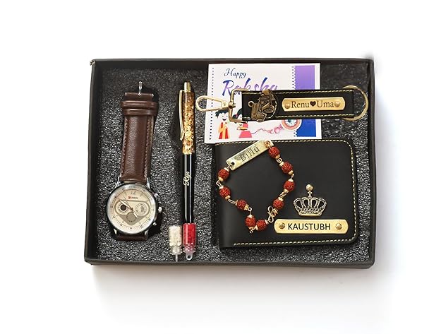 Personalized rudraksha Rakhi with Name,Bracelet with Rudraksha Beads, Gold (Rakhi Set-04)