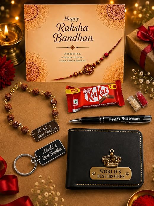 Raksha Bandhan Customizable Gift Hamper for Brother | Best Brother Wallet, Keychain, Pen, Rudraksha Bracelet, Designer Rakhi | Rakhi Gift Set for Bhai