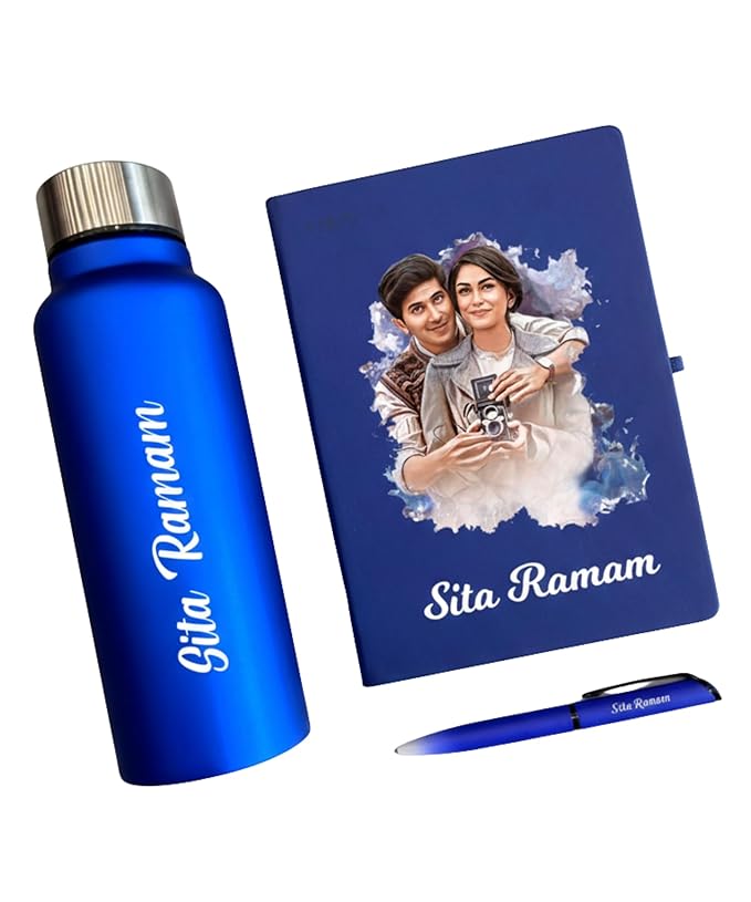 Personalized Gift Set with Custom Name & Photo – Water Bottle, Photo Printed Diary & Pen Combo