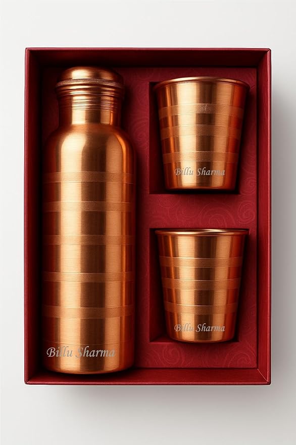 Your Name Customized Personalized Engraved Temperature Steel Bottle With Led Display For Office - School, Gym Outdoor Or Sports, 1000 Ml (Copper Water Bottle Set)