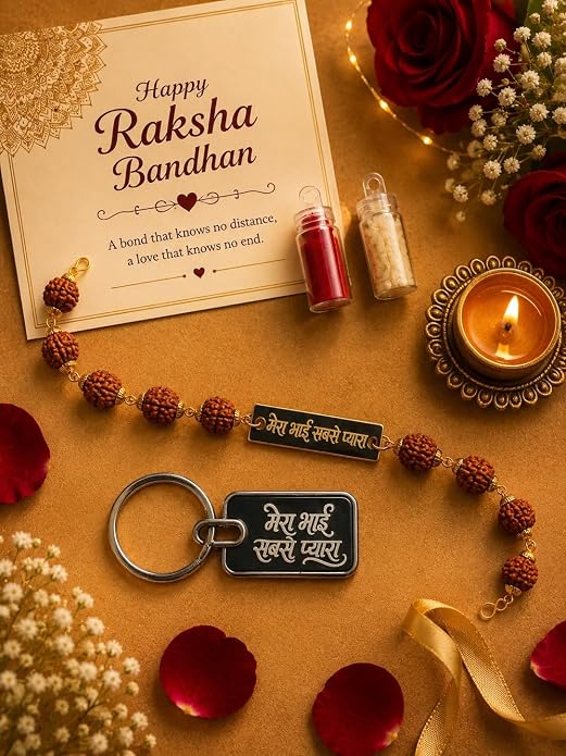 Customized Name Rakhi & Keychain Combo for Brother – Rudraksha Rakhi with Custom Name Plate and Keychain | Raksha Bandhan Gift Set with Roli Chawal & Greeting Card
