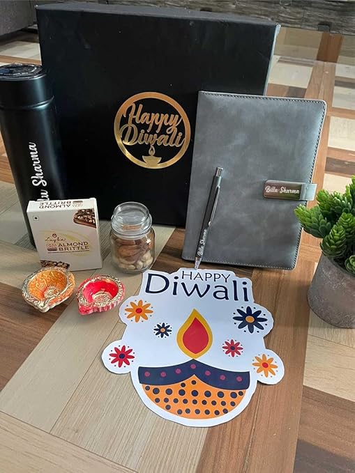 Diwali Gift Hamper - Personalized Dairy Pen, Insulated Bottle, Deepak Design, Chocolate, Golden Acrylic Laser-Cut 'Happy Diwali' Sticker, Cashew Almond Christmas Mix in Glass Bottle – Perfect Festive Gift Box (Grey)