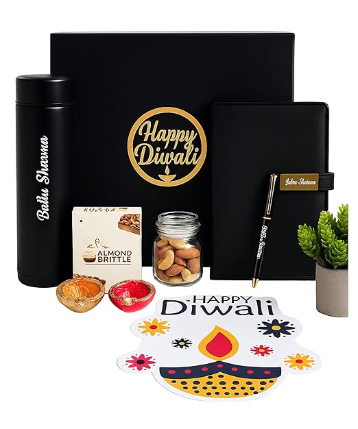 Diwali Gift Hamper - Personalized Dairy Pen, Insulated Bottle, Deepak Design, Chocolate, Golden Acrylic Laser-Cut 'Happy Diwali' Sticker, Cashew Almond Christmas Mix in Glass Bottle – Perfect Festive Gift Box (Black)
