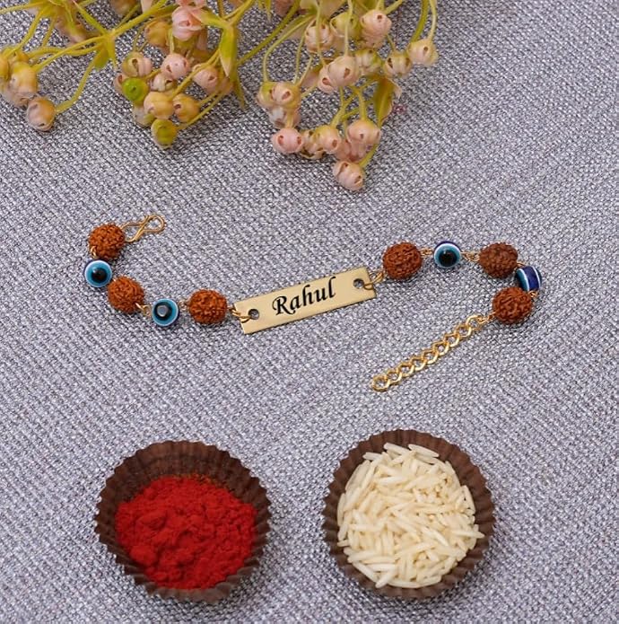 Custom Engraved Brass Rakhi Bracelet with Evil Eye & Rudraksha Beads | Personalized Name Rakhi for Men & Women | Adjustable Raksha Bandhan Gift