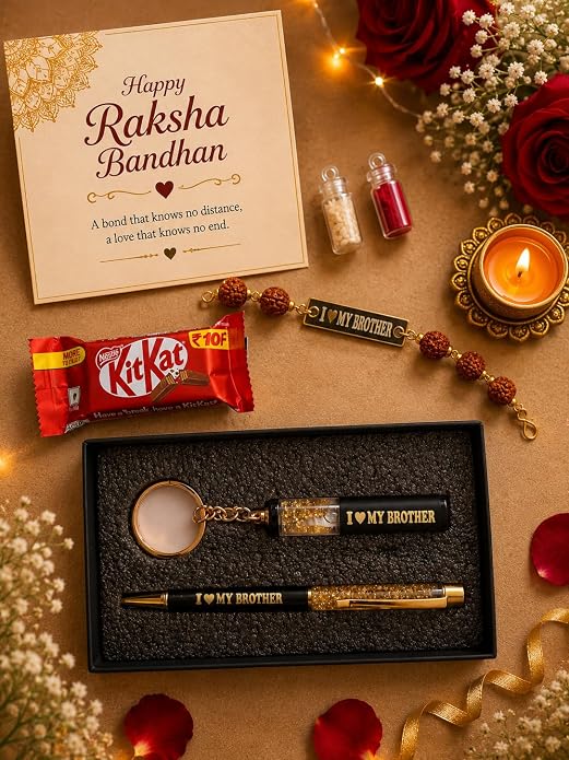 Customised Raksha Bandhan Gift Combo for Brother – Name Rakhi, Custom Keychain & Pen Set | Greeting Card, Roli Chawal | Rakhi Set for Bhai