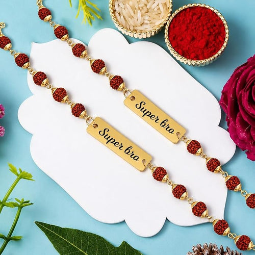 Brass Customizable Rudraksha Rakhi for Brother Combo Pack of 2 | Gold Plated Brass Name Plate Rakhi | Traditional Raksha Bandhan Bracelet Rakhi Set for Bhai