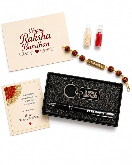 Raksha Bandhan Gift Combo for Brother – Rudraksha Rakhi with Keychain & Pen | Greeting Card, Roli Chawal Included | Rakhi Gift Hamper for Bhai