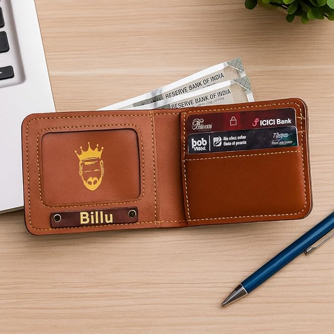 Your Name Customized Leather Men's Wallet with Name Rakhi, Personalized Gifts