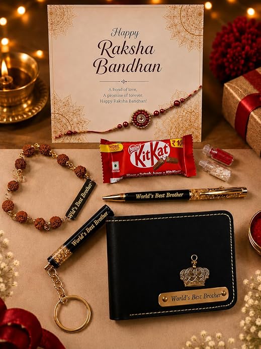 Raksha Bandhan Customizable Gift Hamper for Brother | Best Brother Wallet, Keychain, Pen, Designer Rakhi, Rudraksha Bracelet, Roli Chawal Combo | Rakhi Gift Set for Bhai
