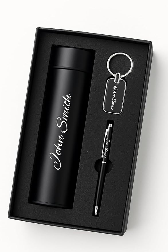Name Customized 4 In 1 Engraved Steel Bottle With Wallet, Pen and Metal Keychain For Office - School, Personalized Gifts (3)