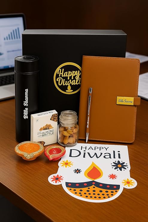 Diwali Gift Hamper - Personalized Dairy Pen, Insulated Bottle, Deepak Design, Chocolate, Golden Acrylic Laser-Cut 'Happy Diwali' Sticker, Cashew Almond Christmas Mix in Glass Bottle – Perfect Festive Gift Box (Brown)
