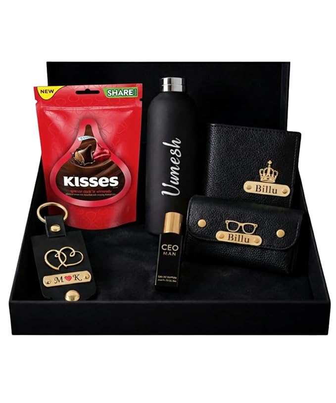 Personalized Men’s Gift Box Set with Wallet, Sunglasses Cover, Keychain, Bottle, Perfume & Chocolate