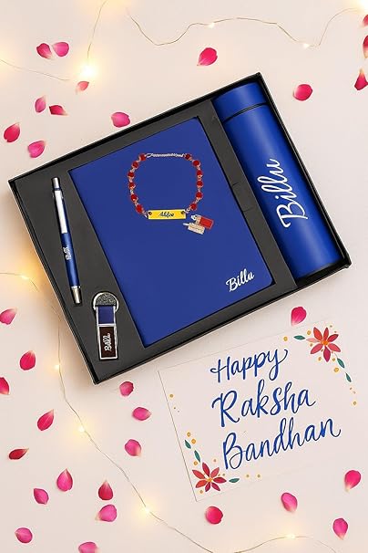 Your Name Customized Personalized 5 in 1 Engraved Steel Bottle with Rakhi, Notebook, Pen and Metal Keychain for Office - School, Gifts