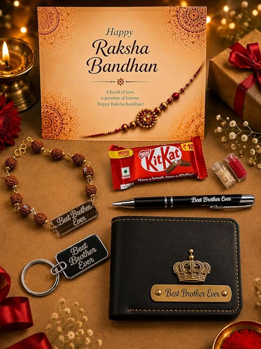 Raksha Bandhan Customizable Gift Hamper for Brother | Best Brother Wallet, Keychain, Pen, Rudraksha Bracelet, Designer Rakhi | Rakhi Gift Set for Bhai