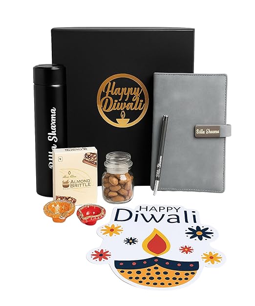 Diwali Gift Hamper - Personalized Dairy Pen, Insulated Bottle, Deepak Design, Chocolate, Golden Acrylic Laser-Cut 'Happy Diwali' Sticker, Cashew Almond Christmas Mix in Glass Bottle – Perfect Festive Gift Box (Grey)