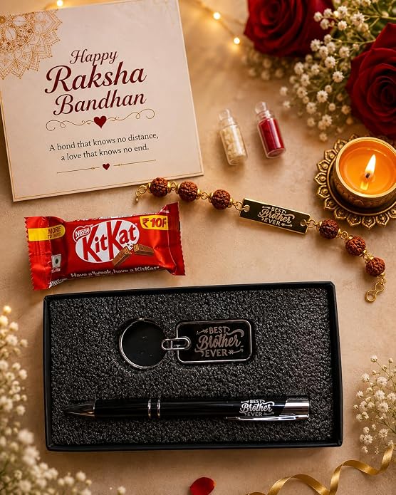 Raksha Bandhan Gift Combo for Brother – Rudraksha Rakhi with Keychain & Pen | Greeting Card, Roli Chawal Included | Rakhi Gift Hamper for Bhai