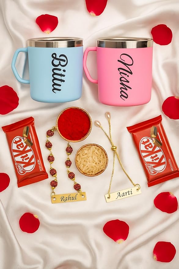 Personalized Gift Combo Custom Name Black Steel Mug & Rudraksha Rakhi with Name