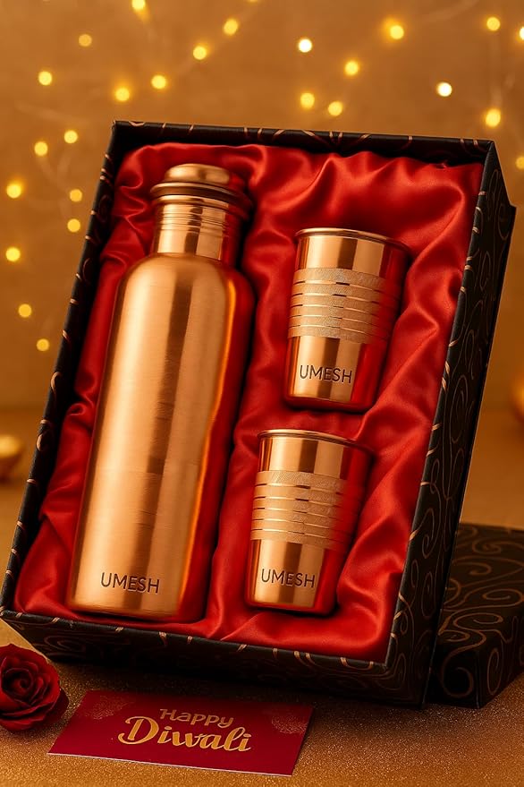 Your Name Customized Personalized Engraved Temperature Steel Bottle With Led Display For Office - School, Gym Outdoor Or Sports, 1000 Ml (Copper Water Bottle Set)