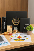 Diwali Gift Hamper - Personalized Dairy Pen, Insulated Bottle, Deepak Design, Chocolate, Golden Acrylic Laser-Cut 'Happy Diwali' Sticker, Cashew Almond Christmas Mix in Glass Bottle – Perfect Festive Gift Box (Black)