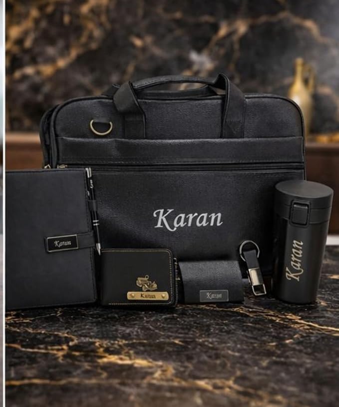 Customized Gift Set for Men with Name Engraved | Laptop Bag Combo with Diary, Pen, Wallet, Card Holder, Keychain & Bottle | Personalized Gift Hamper for Birthday, Anniversary & Corporate Gifts