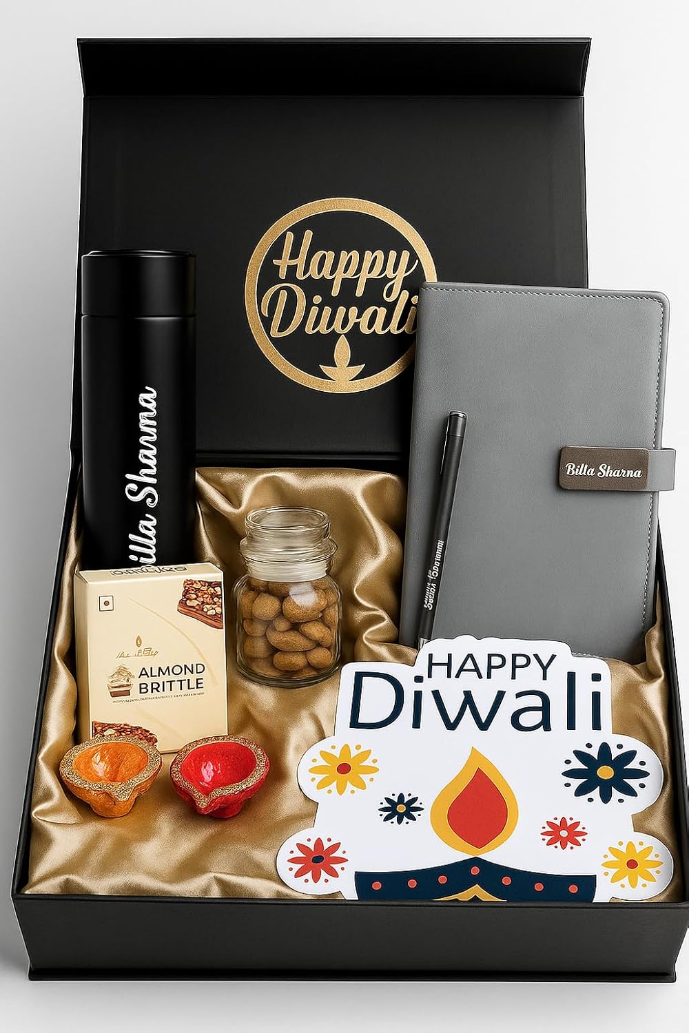Diwali Gift Hamper - Personalized Dairy Pen, Insulated Bottle, Deepak Design, Chocolate, Golden Acrylic Laser-Cut 'Happy Diwali' Sticker, Cashew Almond Christmas Mix in Glass Bottle – Perfect Festive Gift Box (Grey)