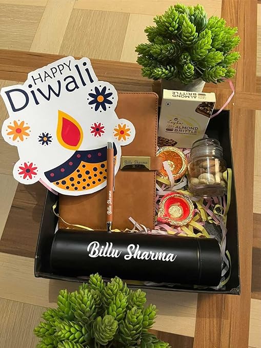 Diwali Gift Hamper - Personalized Dairy Pen, Insulated Bottle, Deepak Design, Chocolate, Golden Acrylic Laser-Cut 'Happy Diwali' Sticker, Cashew Almond Christmas Mix in Glass Bottle – Perfect Festive Gift Box (Brown)