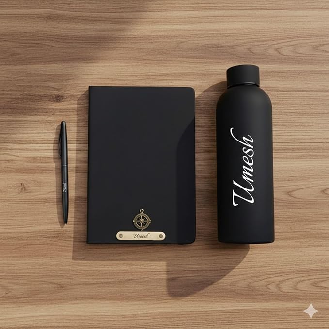 Personalized Black Gift Set with Name | Custom Diary with Metal Name Plate, Matte Black Water Bottle & Pen