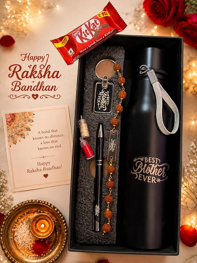 Customised Raksha Bandhan Gift Hamper for Brother – Name Rakhi, Custom Water Bottle, Pen & Keychain | Greeting Card, Chocolate, Roli Chawal Included
