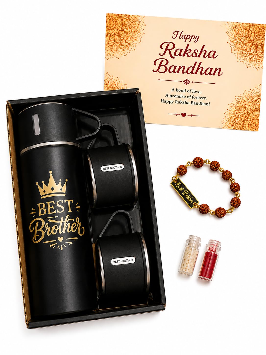 Best Brother Customizable Gift Set for Raksha Bandhan | Vacuum Insulated Bottle with 2 Coffee Mugs, Rudraksha Rakhi, Greeting Card & Roli Chawal | Rakhi Gift Hamper for Brother