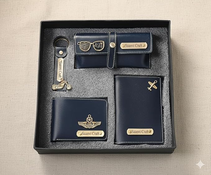 Your Name Customized Leather Unisex Passport Holder, Sunglasses Cover and Men's Wallet with Key Chain, Gifts, Personalized Gifts (Blue)