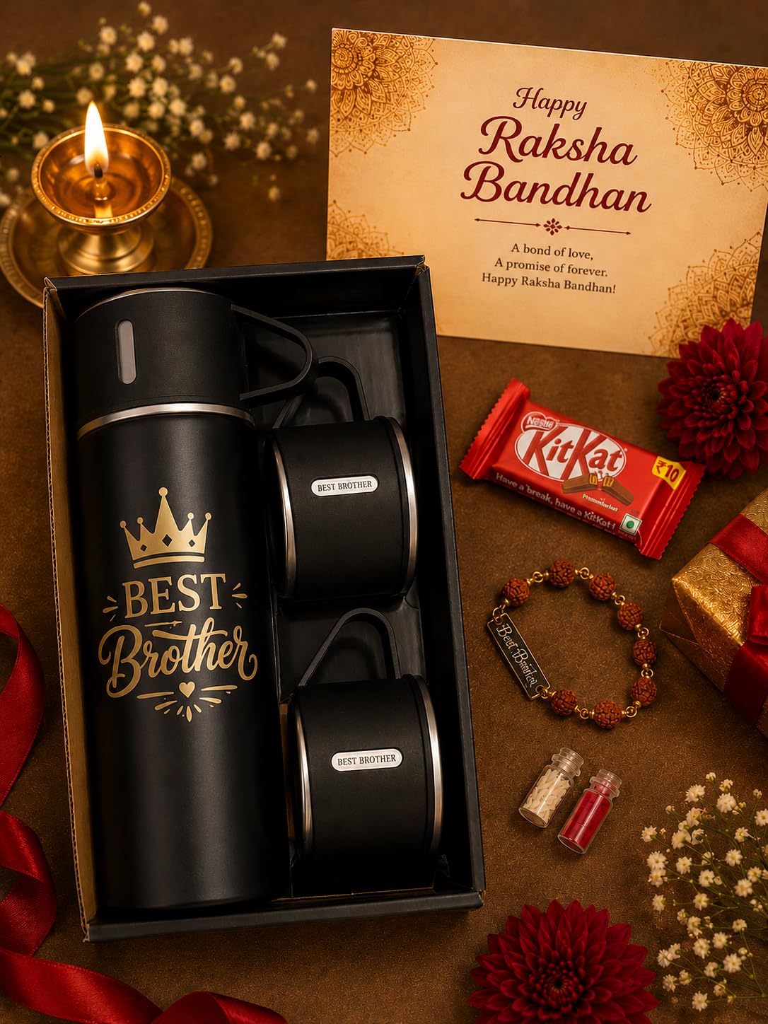 Best Brother Customizable Gift Set for Raksha Bandhan | Vacuum Insulated Bottle with 2 Coffee Mugs, Rudraksha Rakhi, Greeting Card & Roli Chawal | Rakhi Gift Hamper for Brother
