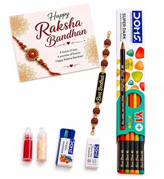 Raksha Bandhan Customizable Gift Hamper for Brother | Rudraksha Rakhi with Pencil Set, Sharpener, Eraser, Roli Chawal & Greeting Card | Rakhi Combo Gift Set for Bhai