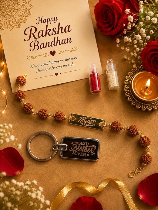 Customized Name Rakhi & Keychain Combo for Brother – Rudraksha Rakhi with Custom Name Plate and Keychain | Raksha Bandhan Gift Set with Roli Chawal & Greeting Card