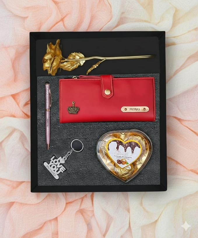 Personalized Gift for Women with Name Wallet, Golden Rose, Pen, Keychain