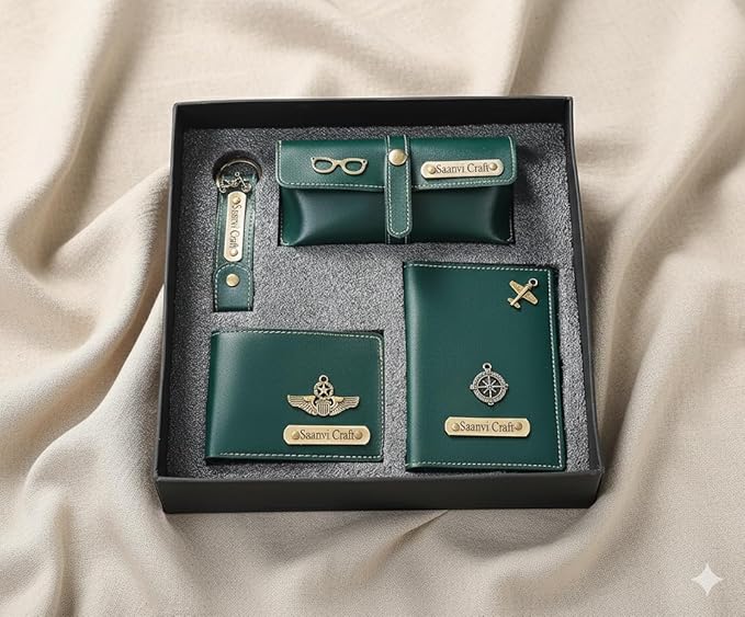 Your Name Customized Leather Unisex Passport Holder, Sunglasses Cover and Men's Wallet with Key Chain, Gifts, Personalized Gifts (Green)