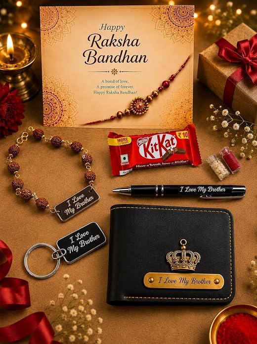 Raksha Bandhan Customizable Gift Hamper for Brother | Best Brother Wallet, Keychain, Pen, Rudraksha Bracelet, Designer Rakhi | Rakhi Gift Set for Bhai